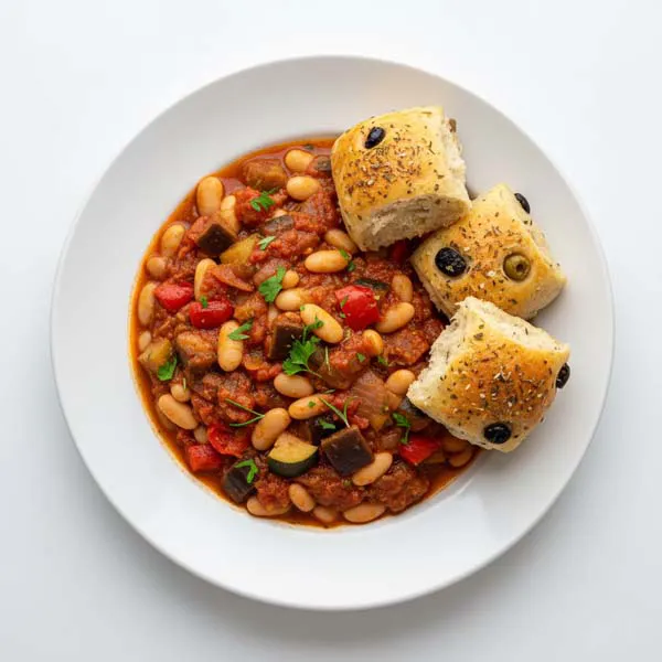 Rustic Samfaina Bean Stew with Herbed Olive Rolls